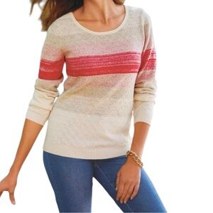 Soft Surroundings Cashmere Soft Boho Red and White Striped Ombre Lattice Sweater